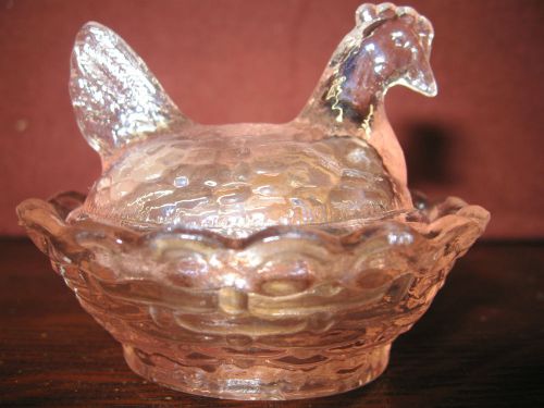 pink carnival glass salt celt hen chicken on nest basket dish rooster iridescent