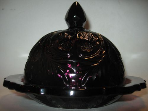 Amethyst purple Glass inverted thistle Pattern domed / covered Butter dish black