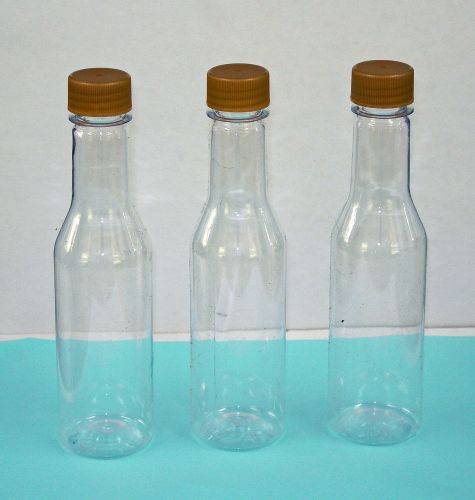 12 Qty  5 oz  Clear Hot Sauce Style Plastic Bottles with GOLD Cap &amp; Dasher NEW