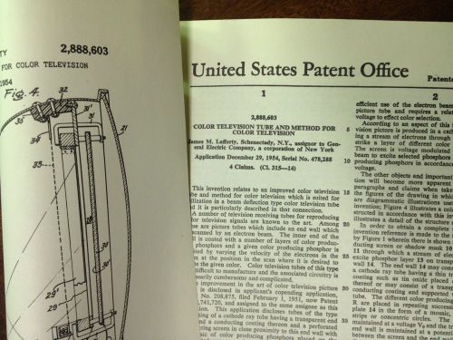 VINTAGE US UNITED STATES PATENT OFFICE COLOR TV TUBE METHOD MAY 1959