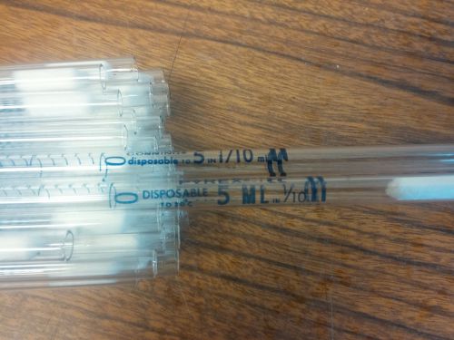 Lot of 42 pyrex 5 ml in 1/10 glass pipette pipets with stainless canister for sale