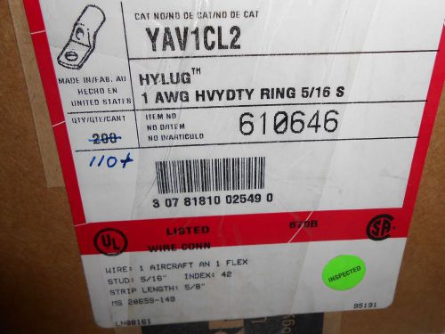 Burndy YAV1CL2 Copper Compression Lug AN-1 5/16&#034; Stud 1AWG New Hylug Lot of 110