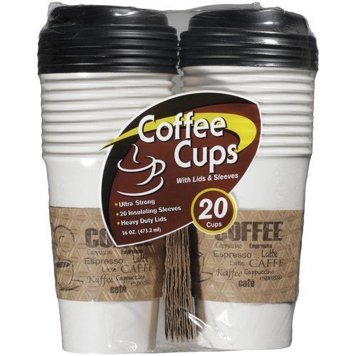 100 Paper Coffee/Hot Cup 16 oz WHITE with 100 Cappuccino Lids and 100 Sleeves