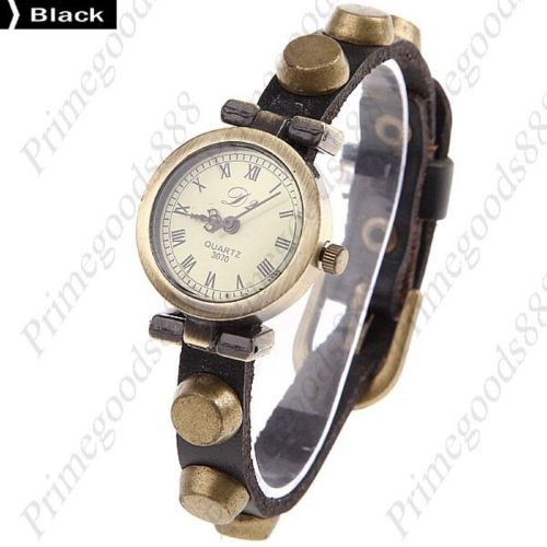 Round Nail PU Leather Analog Lady Ladies Wrist Quartz Wristwatch Women&#039;s Black