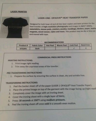 Laser 1 opaque dark heat transfer paper 8.5x11 17 for sale