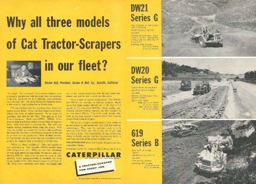 1960 CAT Tractor-Scrapers ad, 3 models, Gordon H Ball Inc, Danville, Ca, dbl-pg