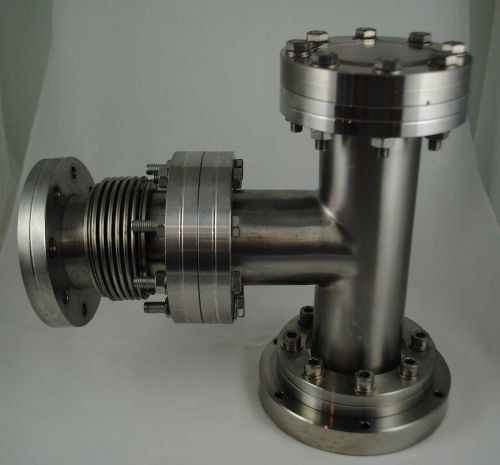 Ultra high vacuum stainless steel tee, 1 viewing port and 1 bellows/flex din63lf for sale