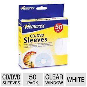 Memorex 01960 50 Pack Paper CD/DVD Sleeves with Clear Window - White