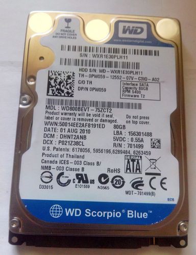 Western Digital 2.5&#034; SATA 80 GB 5400 RPM HDD Laptop Hard Drive WD800BEVT-75ZCT2