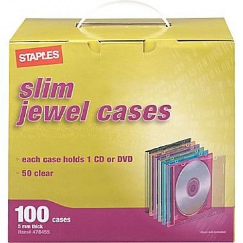 Staples 100 Slim CD Jewel Cases (50 Clear, 50 Assorted Colors)