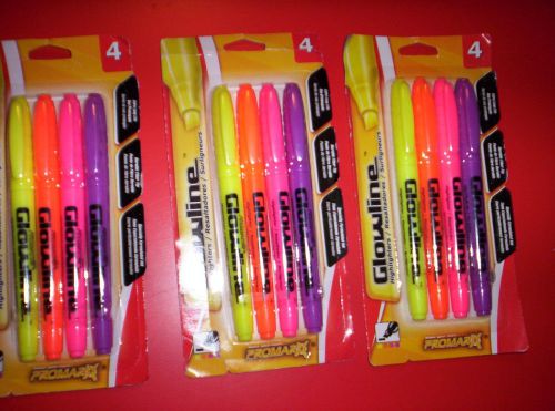 Promarx Glowline Assorted Highlighters ~ 4 in each pack~ LOT OF 3 PACKS