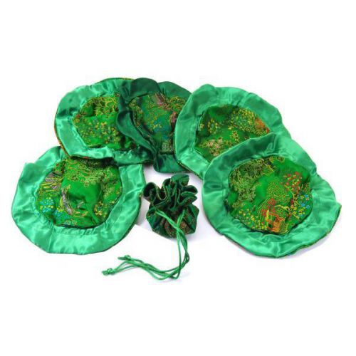 6 Green Brocade Chinese Jewelry Drawstring Bags 8&#034;