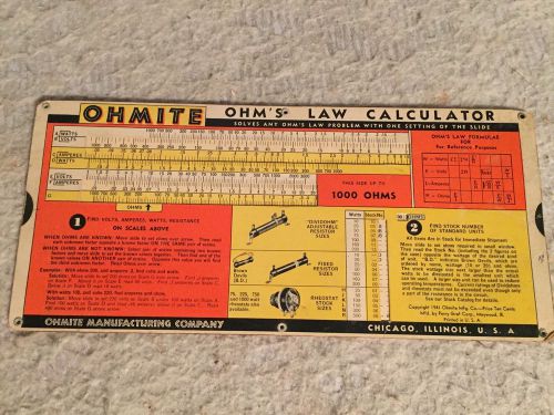 1941 OHMITE MFG. CO. Ohm&#039;s Law Calculator 0.1 to 10 Megohms PERRY GRAF CORP. USA