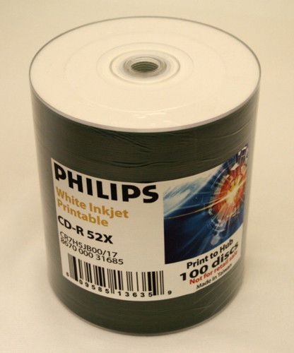 300-pack philips 52x cd-r white inkjet hub printable blank recordable dvd disk for sale