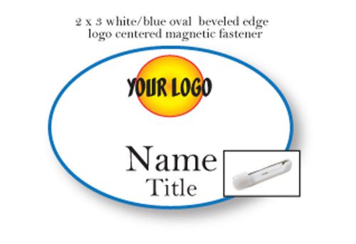 100 WHITE BLUE OVAL NAME BADGES FULL COLOR 2 LINE IMPRINT PIN FASTENERS