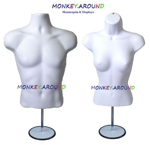 2 Mannequin Male Female White Torso Form +2 Hooks +2 Stand - Display Shirt Dress