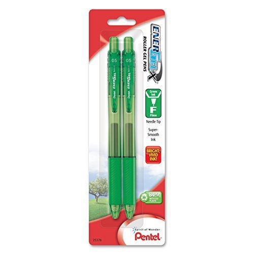 Pentel EnerGel-X Retractable Liquid Gel Pen, 0.5mm, Needle Tip, Green Ink, 2