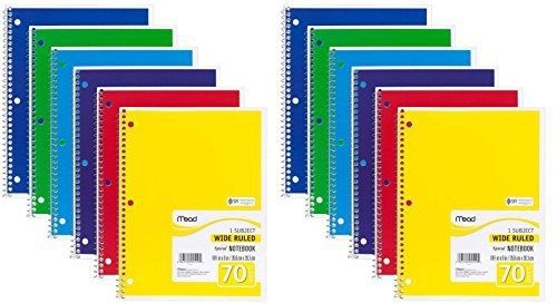 Mead Spiral Notebook 1-Subject, 70-Count, Wide Ruled, Assorted Colors, 12 Pack