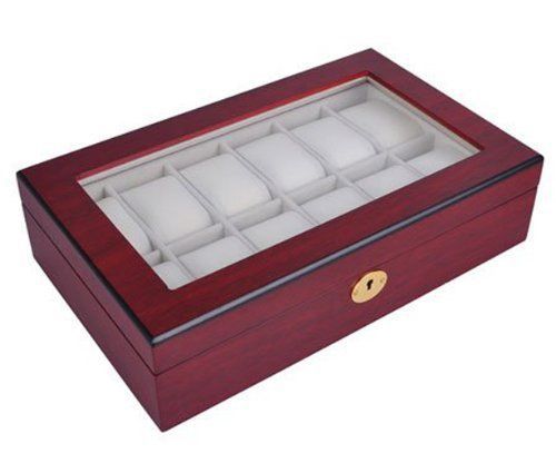 Oineh Elegant Wood 12-Compartment Display Case Box with Lock and Key, Cherry