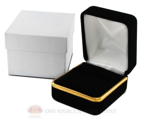 Black Velvet Ring Jewelry Gift Boxes With Gold Trim 1 7/8&#034; x 2 1/8&#034; x 1 1/2&#034;H