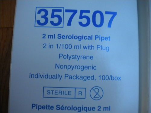 B D FALCON 357507 2ml serologicalpipet 2in 1/100ml with plug lot of 200