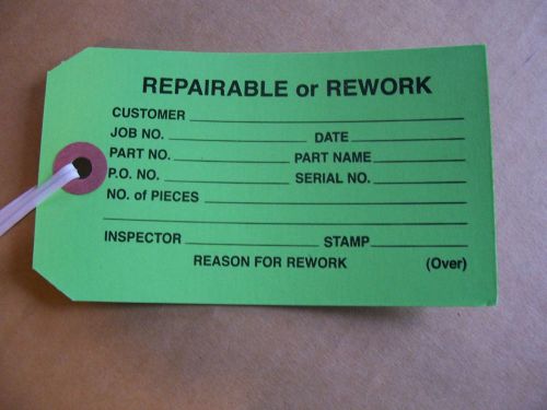 Lot of 25 Repairable or Rework Inspection Tags/Green with Tie 4 3/4&#034;x2 3/8&#034;