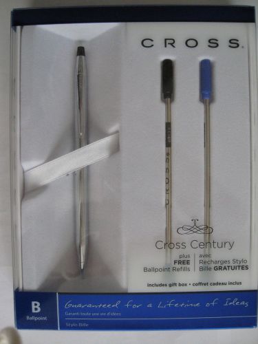 NEW CROSS CLASSIC CENTURY CHROME BALLPOINT PEN &amp; 2 REFILLS BLACK/BLUE GIFT BOXED