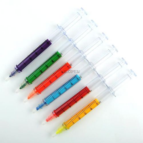 6 Stationery Fluorescent Needle Tube Highlighter Novelty Syringe Nite Writer Pen