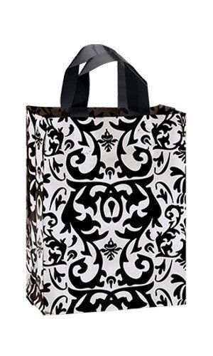 Count of 25 new retail medium black damask frosty shopper 8&#034; x 5&#034; x 10&#034; for sale