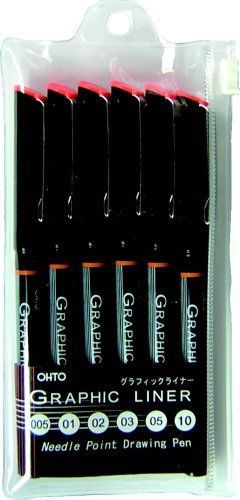 Ohto Graphic Liner Needle Point Drawing PenPigment InkPack of 6