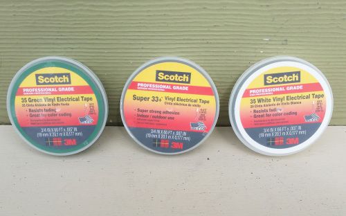 3 Rolls of 3M ScotchProfessional Electrical Tape Super33+, Green &amp; White 35