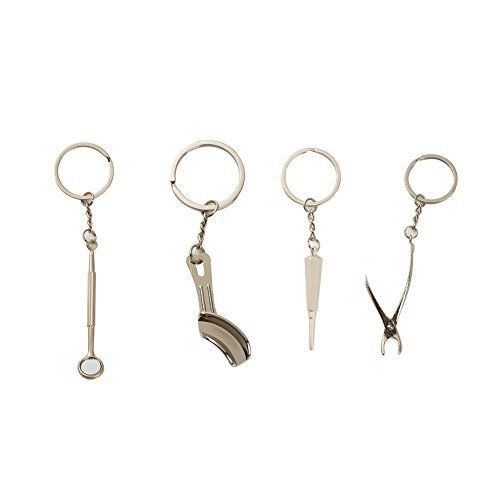 NEW 4pcs Assorted dental tooth keychain Gift Elevator+Tray+Mirror+Forceps kit)