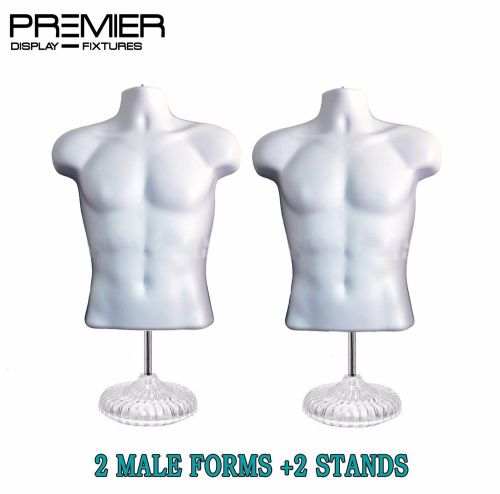 2 HANGING MALE BODY FORM WAIST LONG PLASTIC MANNEQUIN WITH ACRYLIC BASES WHITE