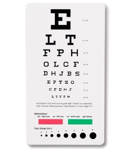 Prestige Medical Snellen Plastic Pocket Eye Chart  with pupil gauge 6&#034; ruler...