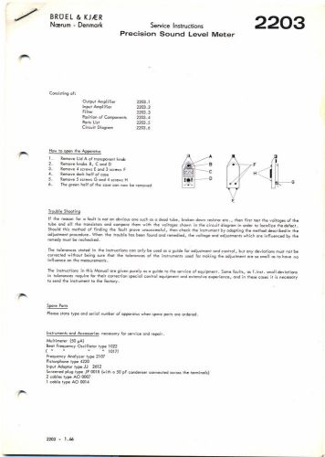 Bruel &amp; Kjaer Service Instructions for Type 2203 Sound Level Meter