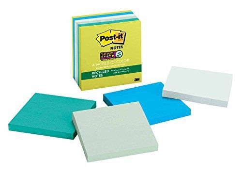 Post-it Recycled Super Sticky Notes, 3 in x 3 in, Bora Bora Collection, 6