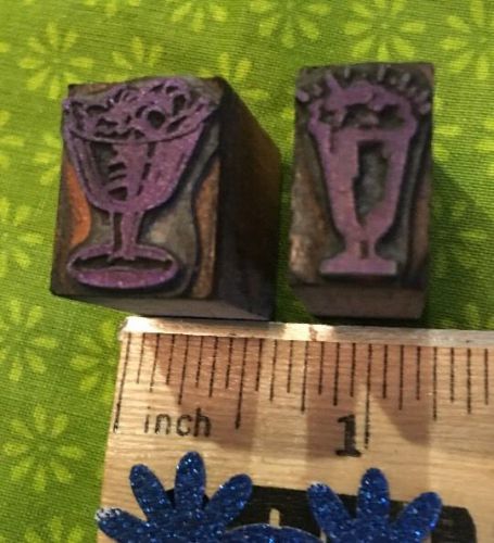 Vintage Letterpress Printers Block Set Of 2 Ice Cream Dessert In Cups Food Type