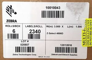Zebra 10010043 3&#034;x1&#034; Direct Thermal Label Paper Z-Select 4000D 2340/Roll 6 Rolls