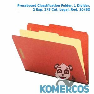 Pressboard Classification Folder, 1 Divider, 2 Exp, 2/5 Cut, Legal, Red, 10/BX