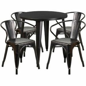 30&#039;&#039; Round Black-Antique Gold Metal Indoor-Outdoor Table Set with 4 Arm Chairs