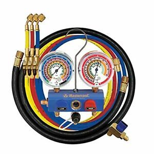 MASTERCOOL 59861 Blue R410A R22 R404A 3-Way Manifold Set with 3-1/8&#034; Gauges a...