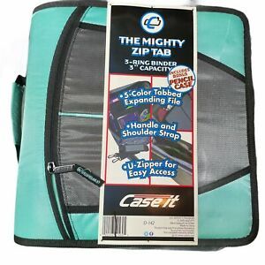 Case-it XL 3-Ring 3&#034; Zipper Binder w/5-Tab File Folder Mighty Zip Tab Teal