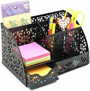Mesh Desk Organizer Pattern Decoration 6 Compartment with Drawer,Black