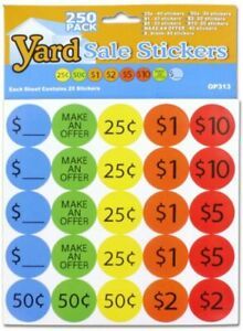 250 pack of yard sale stickers Yard Sale Pricing Stickers 1&#034;
