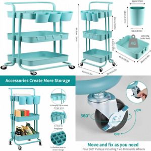 alvorog 3-Tier Rolling Utility Cart Storage Shelves Multifunction Blue