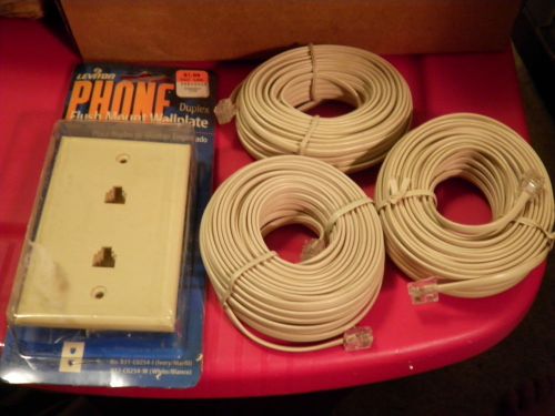 New leviton dual phone jack flush mount wall plate &amp; 3 rolls of 2 jack line cord for sale