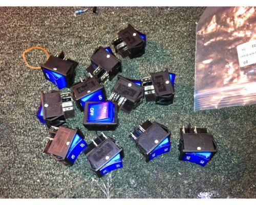 LOT of 12 Rocker Switches blue lit DPST 20A 125VAC 16A 250VAC