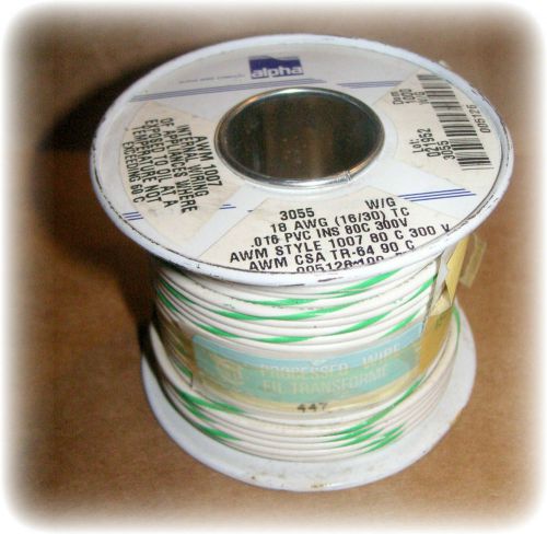 Wire, Hook-Up, 18 AWG (16/30), PVC, White / Green, 100&#039; (Alpha #3055WG005)(New)