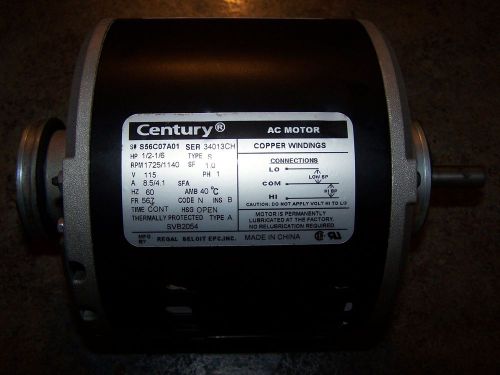 Century AC Electric Motor, 1/2-1/6HP, 1725/1140 RPM, 115V, 1 PH, FR 567
