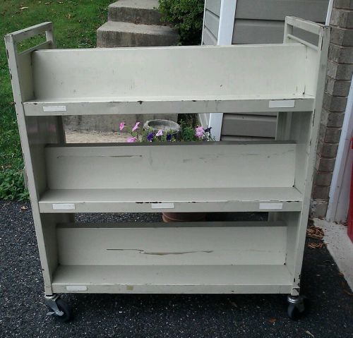 Vintage heavy metal library cart 6 shelves rolling wheels industrial pick up for sale